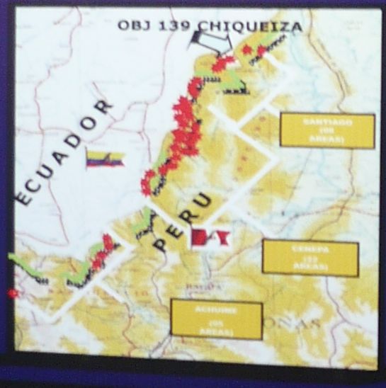 Karte des verminten Gebietes Grenze Peru-Ecuador. Grafik: Dirección General de Desminado Humanitario del Ejercito / Foto: D. Raiser / INFOAMAZONAS