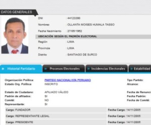 Persönliche Daten von Perus Präsident Humala (Ausweisnummer  44123390). Screenshot infogob.com.pe / JNE.